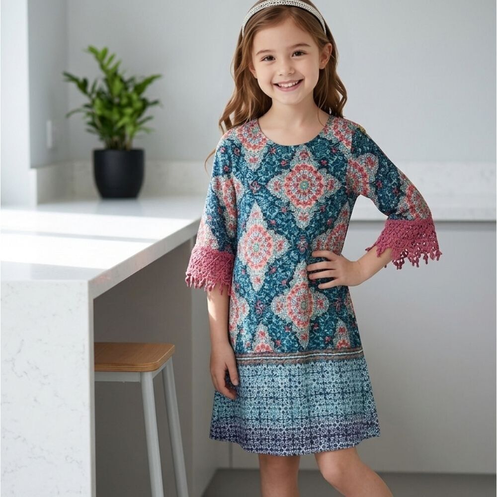 Rare Editions Girls Navy Lace Overlay Medallion Print Colorful Shift Dress Sz 6